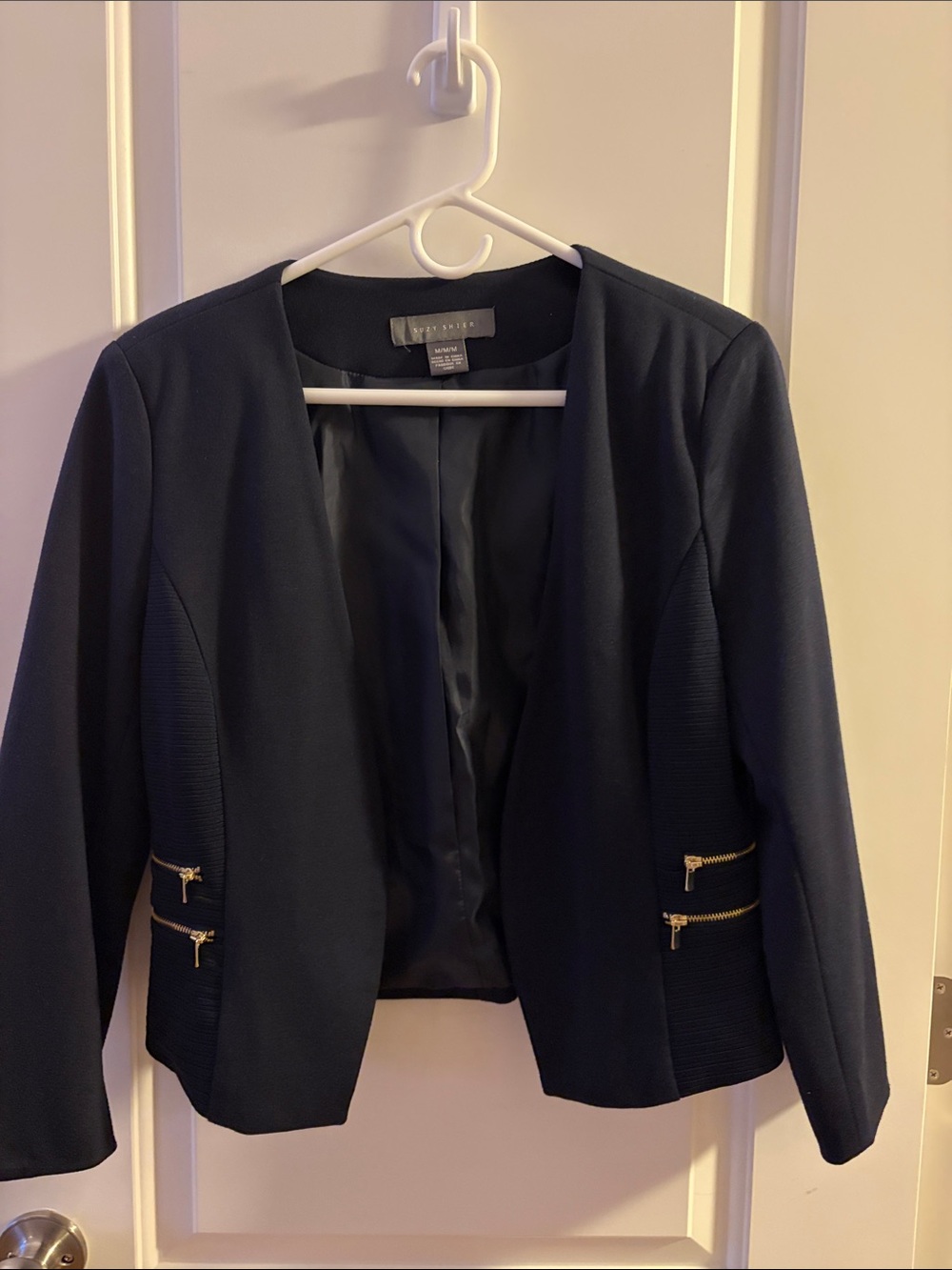 Navy Open-Front Blazer with Gold Zipper Accents